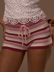 MUSERA Quần short siêu ngắn dệt kim kẻ sọc thắt eo, gợi cảm, dễ thương, thích hợp cho mùa hè, kỳ nghỉ, đi chơi, tiệc tùng, phong cách Ibiza, thanh lịch, hoàng hôn. - Nhiều màu - Xem 1