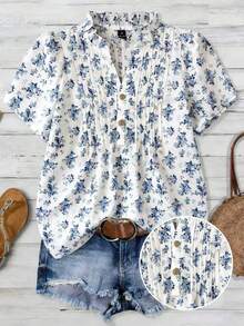 Franclia Plus Size Women Floral Print Short Sleeve Button Design Casual Shirt Women's Summer Outfits Boho Outfit For Women Ootd Outfit For Women Casual Summer Outfits For Woman Blouse For Women - White - View 1