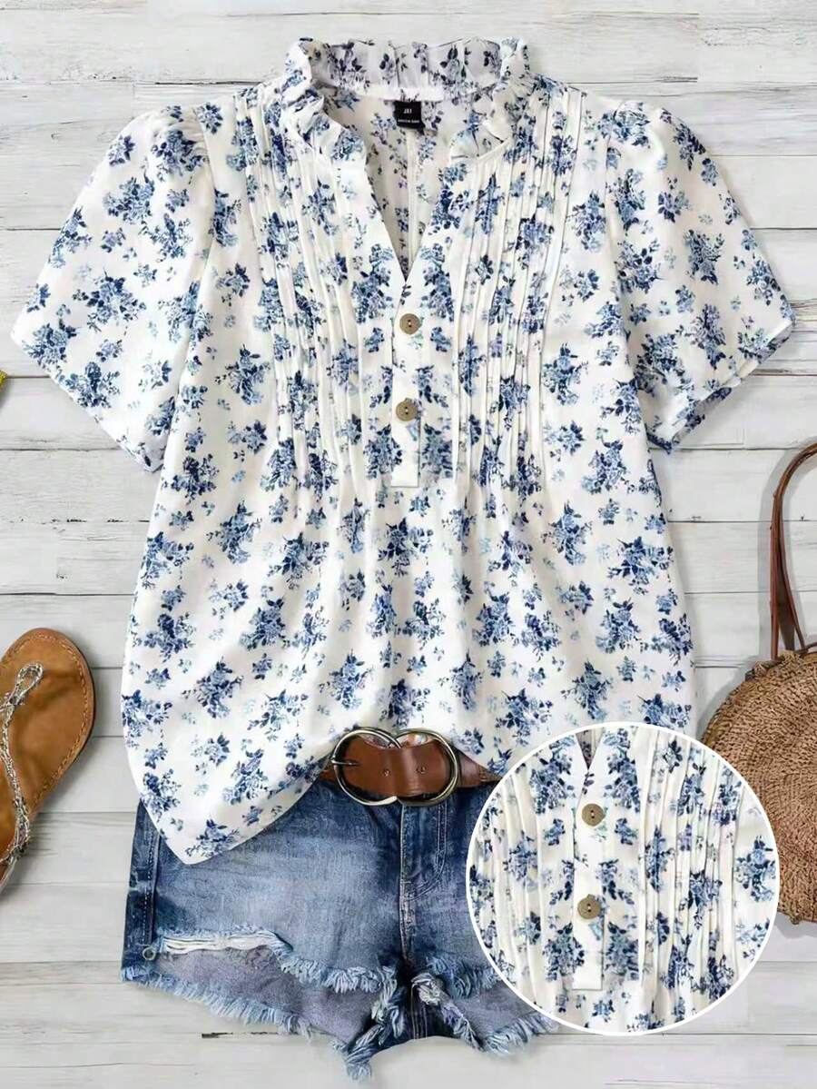 Franclia Plus Size Women Floral Print Short Sleeve Button Design Casual Shirt Women's Summer Outfits Boho Outfit For Women Ootd Outfit For Women Casual Summer Outfits For Woman Blouse For Women - White - View 1