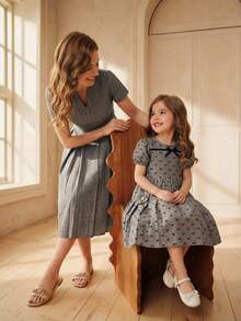 SHEIN Đầm kiểu Pháp thanh lịch dành cho bé gái, eo thon, tay phồng, in hình bướm, thích hợp để dự tiệc và mặc mùa hè. - Xám - Xem 8