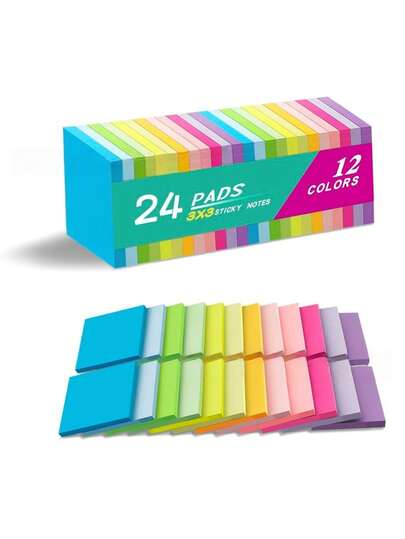（24张/12张）3英寸×3英寸彩色自粘便签纸，适用于家庭、办公室和笔记本使用。