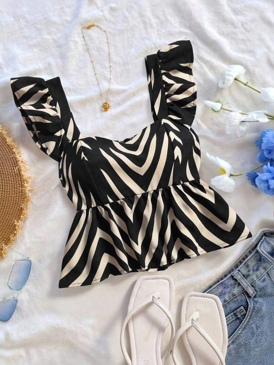 SHEIN Franclia 女士全印花褶皱休闲百搭日常上衣,荷叶袖设计,夏季可爱斑马纹露脐上衣,动物纹印花 - 黑色 - 查看 1