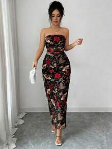 Vestido de fiesta elegante de mujer con cintura ceñida, estampado de malla teñida anudada y abertura lateral - Rojo y negro - Ver 4