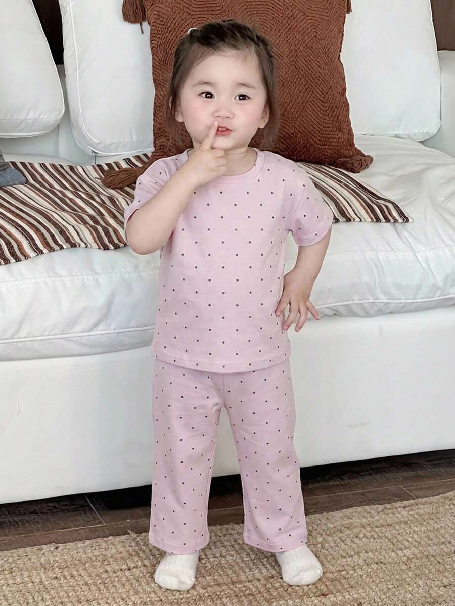 Dazy Kids 2件組女嬰休閒圓領T恤與格紋長褲居家服套裝 幼兒夏季 - 淺粉色 - 查看 1