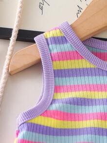 Bộ 2 món cho bé gái, áo thun dệt kim cầu vồng và quần ống rộng thoải mái, thích hợp mặc hàng ngày. - Nhiều màu - Xem 3