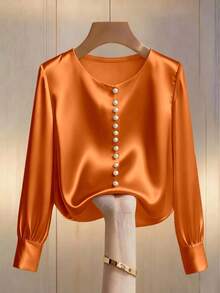 Franclia 女士优雅香槟色圆领珍珠装饰长袖衬衫，缎面面料，适合通勤和日常优雅穿着 - 橘色 - 查看 1