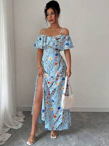 Elenzga Women's Summer Beach Holiday Tea Party Holiday Floral Print Cold Shoulder Ruffle Trim Waist Dress Light Blue Boho - Multicolor - View 6