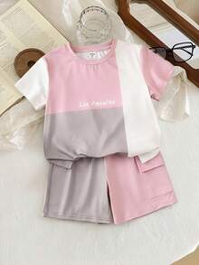 SHEIN Young Boys' Color Block Letter Print Round Neck Short Sleeve T-Shirt And Shorts Set,Casual Comfortable Soft Fabric Summer Beach Outfits,Daily Wear - Multicolor - View 2