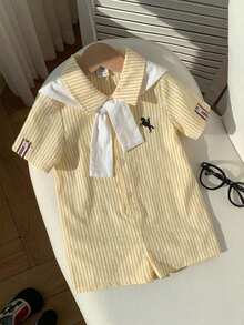 SHEIN Unisex Newborn Baby 2pcs/Set Blue & White Striped Short Sleeve Romper And Khaki Knit Shawl Set, Spring/Summer Baby Boy Clothes, Outfits - Yellow - View 4