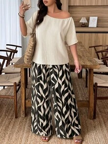 Weeklong Bộ đồ 2 mảnh dành cho nữ cỡ lớn, chất liệu nhăn như vải lanh, họa tiết thực vật nhiều màu sắc, kiểu dáng bất đối xứng, rộng rãi, thoải mái, thích hợp cho đi làm, mùa xuân/hè. - Nhiều màu - Xem 5