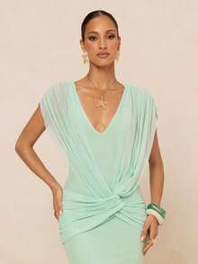 Lumalex 女士优雅性感绿色V领开衩扭结无袖修身连衣裙，春夏款 - 綠色 - 查看 10