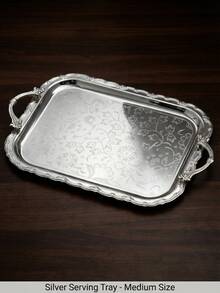 Embossed Metal Tray, Decorative Vintage Style Rectangular Tray With Handle, Suitable For Holiday Party Decor, Serving Tray, Family Gathering Blessing Ceremony, Cosmetics & Jewelry Storage, Available In 3 Sizes - Multicolor - View 14