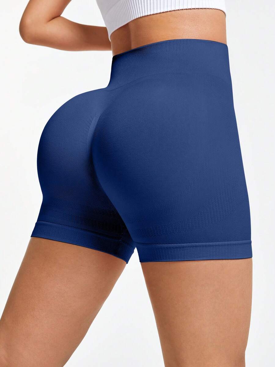 Slayform Quần short thể thao nâng mông không đường may, màu trơn dành cho nữ - Màu xanh hải quân - Xem 1