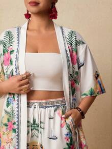 Travachic Plus Size Women Tropical Plant Print Short Sleeve Kimono Shirt And Shorts 2 Pieces Set - White - View 4