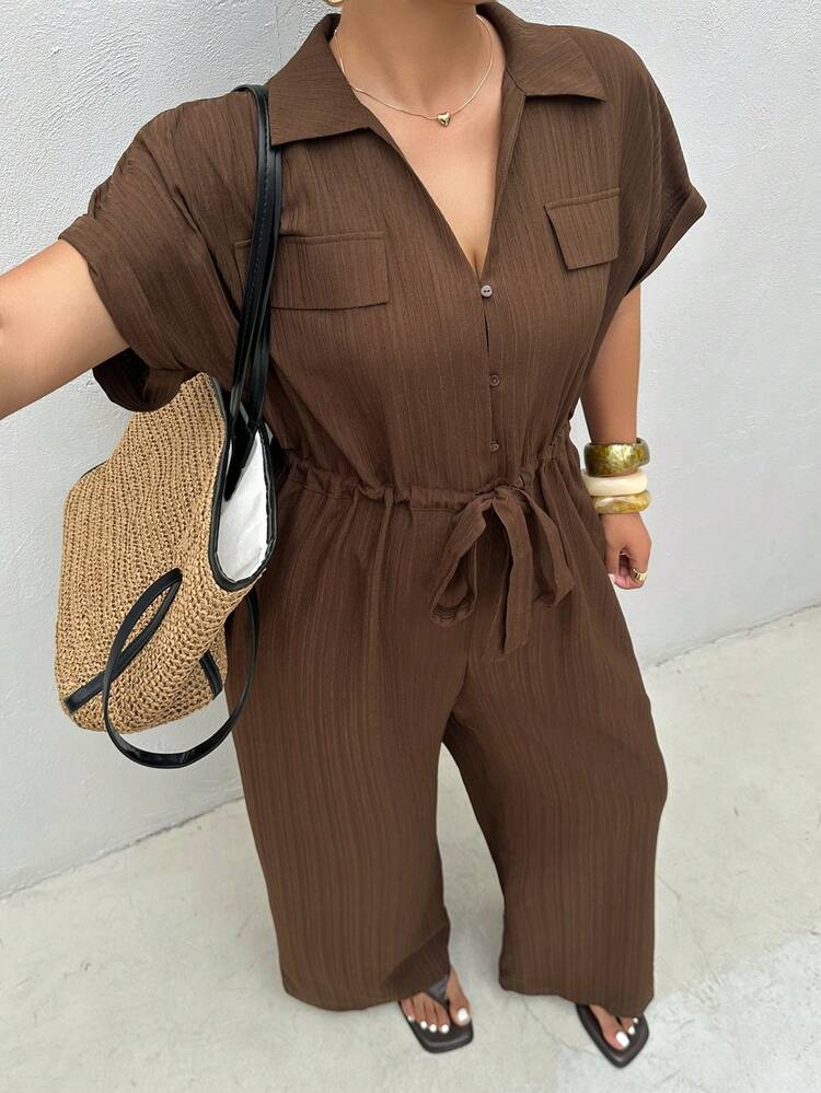 Dazy Plus Plus Size Women's Casual Solid Color Lapel Loose Waist Tie Slimming Long Jumpsuit, Brown, Spring/Summer Rompers For Women Lounge Sets For Women