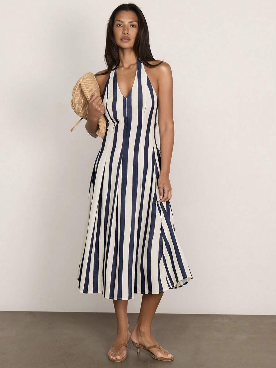 COSMINA Women's Vacation Casual Striped Backless Halter Midi Dress - Multicolor - View 1