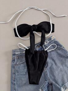 Swim SXY New Solid Color Sexy Tie-Up Bikini Swimwear For Women - Black - View 4