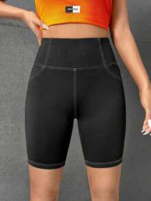 SHEIN PETITE CURVE 大码女式高腰休闲百搭日常紧身短裤 - 黑與白 - 查看 5