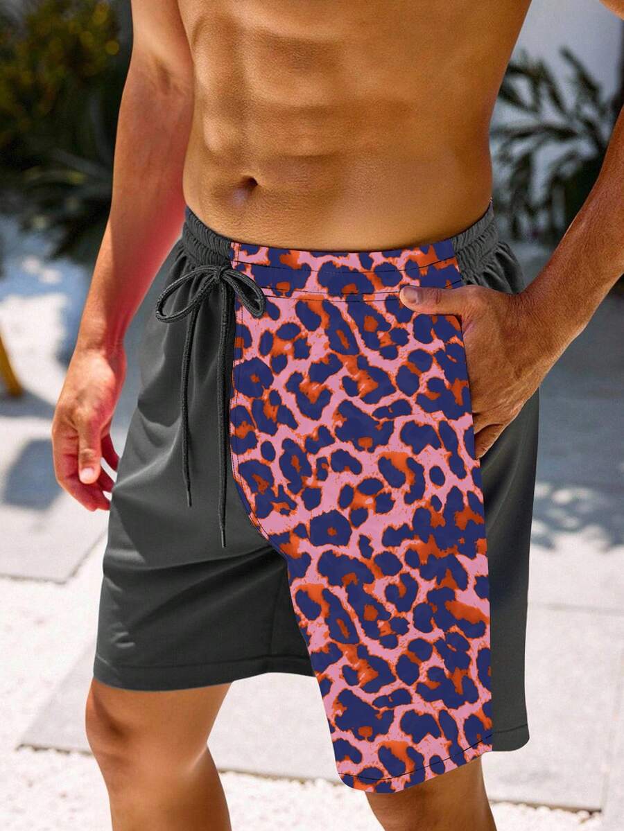 Manfinity VDAYZ Men's Drawstring Waist Leopard Print Patchwork Casual Beach Shorts, Holiday - Multicolor - View 1