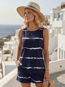 EMERY ROSE 女款線條印花無袖上衣和短褲套裝，2件套 - 寶藍色 - 查看 3