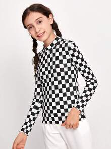 SHEIN Leap Crew Cô gái Tween Cổ giả Kiểm tra máy Áo - Đen và trắng - Xem 2