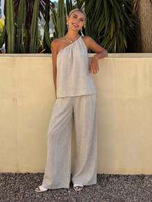 Livesso Bộ đồ thời trang xuân hè gồm áo crop top cổ lệch màu mơ và quần ống rộng suông, thích hợp cho công sở, đi nghỉ mát hoặc đi làm, thanh lịch dành cho nữ. - Màu be - Xem 3