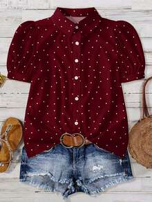 EMERY ROSE Plus Size Women's Summer Casual Vacation Polka Dot Print Petal Sleeve Blouse - Multicolor - View 1