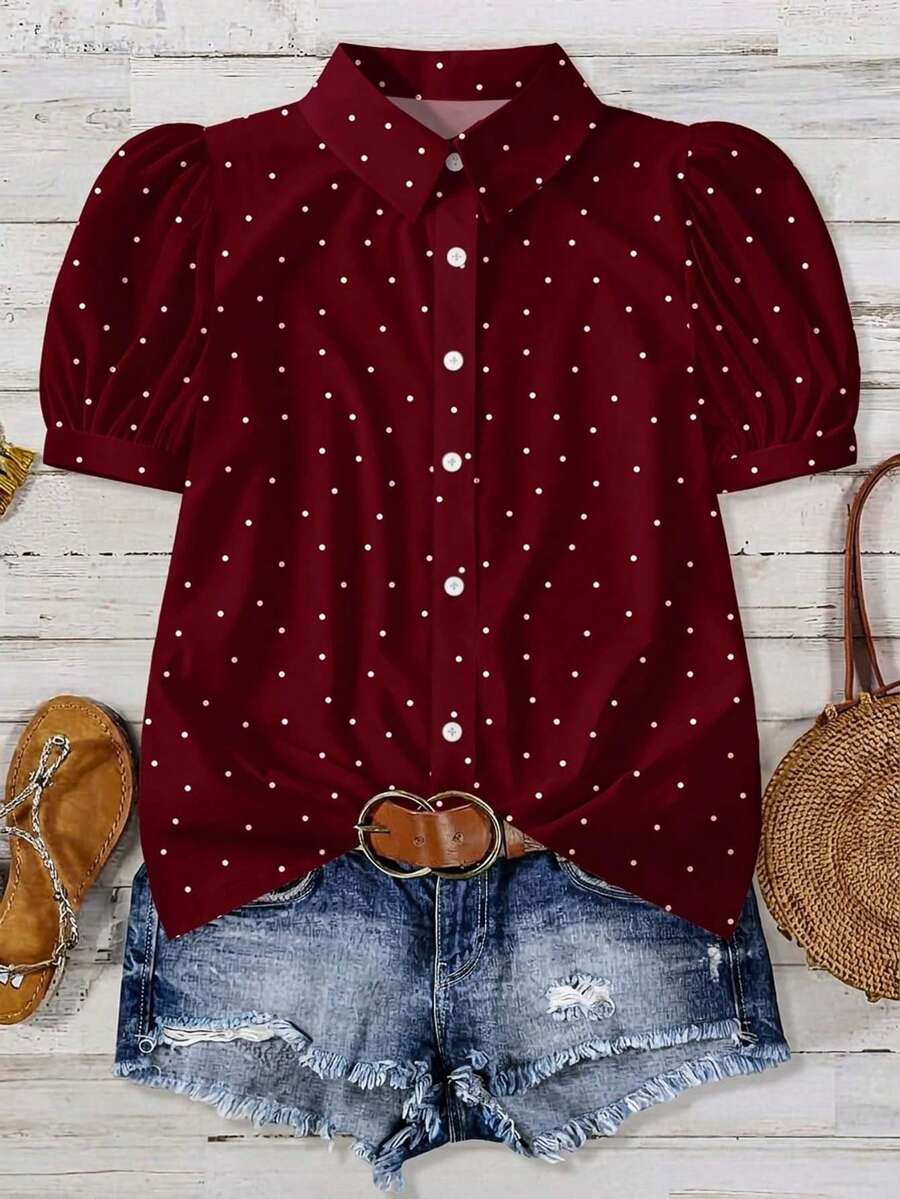 EMERY ROSE Plus Size Women's Summer Casual Vacation Polka Dot Print Petal Sleeve Blouse - Multicolor - View 1