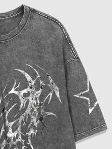 ROMWE MEN Grunge Punk Men's Gothic Pattern Round Neck Casual Versatile Daily Wear Short Sleeve T-Shirt - Dark Grey - View 4