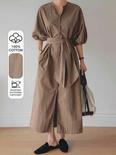 Livesso Đầm dài tay ngắn dáng suông, màu trơn, kiểu dáng công sở mùa hè, phối đồ thoải mái, thắt eo, tay cánh hoa, dáng midi cho nữ.