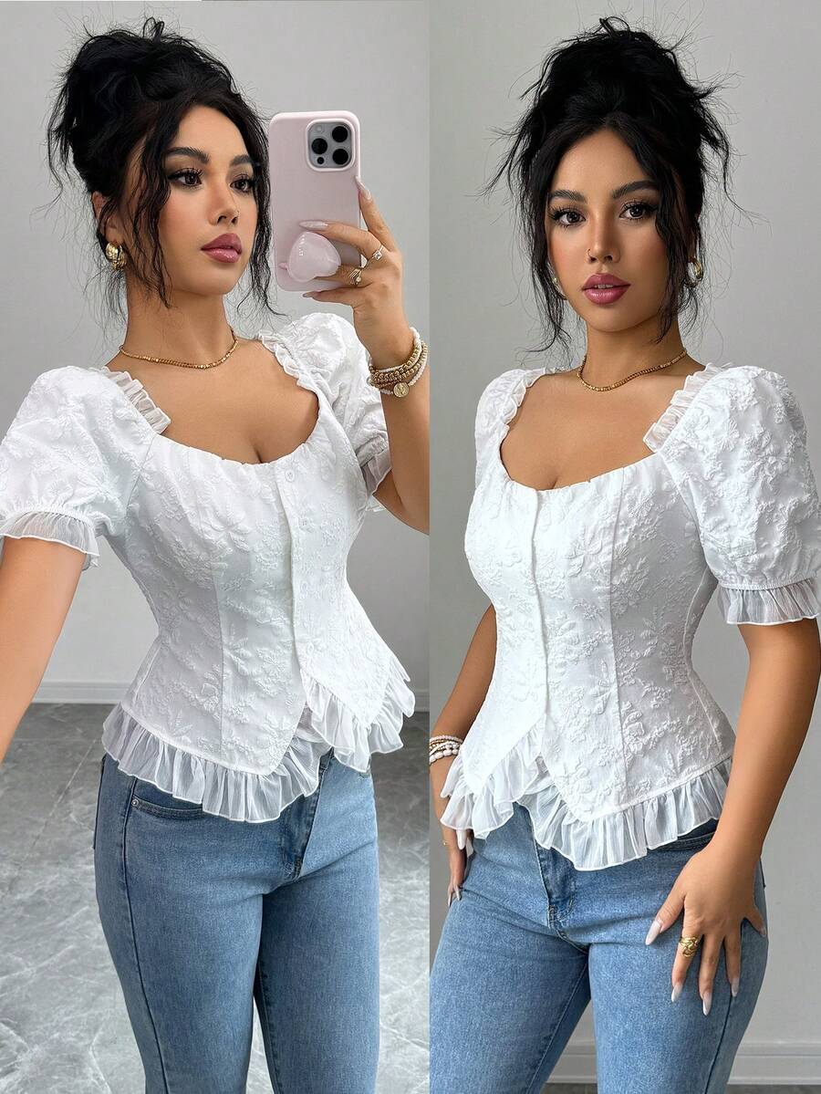 SHEIN Elenzya Women's Elegant Commuter Jacquard Contrast Mesh Blouse, Summer - White - View 1