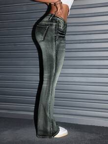 SHEIN EZwear 大码女式弹力水洗喇叭牛仔裤，优雅牛仔裤 - 霧霾藍 - 查看 5