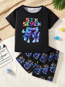 SHEIN Bộ đồ ngủ dài tay và quần dài in hình nhân vật hoạt hình số phát sáng trong bóng tối dành cho bé trai, 67 Digital Home Wear, thích hợp cho mùa xuân/thu/mọi mùa. - Nhiều màu - Xem 4