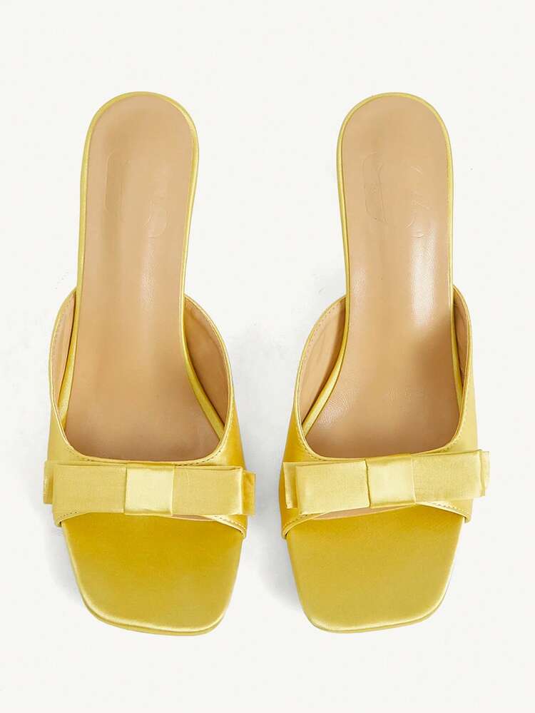 CUCCOO CHICEST French Pink Satin Bow High Heel Slippers Women's Summer Wear Square Heel Sandals Wedding Shoes