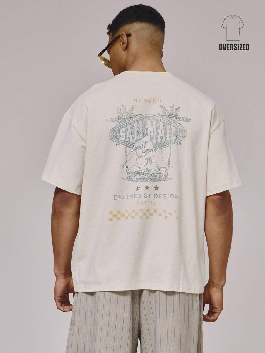 Musero Oversized Crew Neck Short Sleeve Large Back "SAIL MAIL" Washed Graphic Tshirt Spring Summer Holiday Essentials - Apricot - View 1