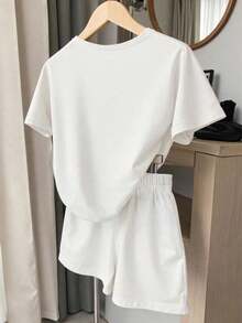 两件套少女甜美休闲套装，水钻蝴蝶结短袖T恤+宽松黑色短裤，适合春、夏、秋季日常休闲穿着，经典舒适的白色两件套，适合女孩和女性。 - 彩色 - 查看 2