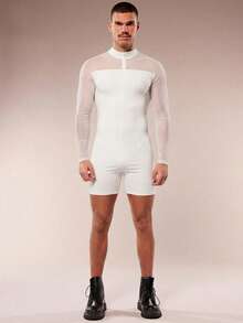 FeverCity 男士时尚性感网纱拼接拉链连体裤 - 白色 - 查看 5