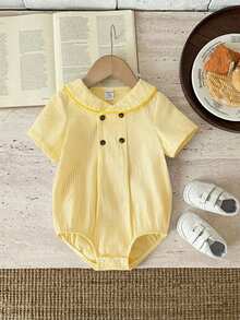 SHEIN Bộ áo liền quần tay ngắn cổ Peter Pan kẻ sọc xanh trắng dễ thương kiểu Anh cho bé trai/bé gái sơ sinh, thích hợp cho mùa xuân/hè. - Màu vàng - Xem 7