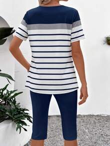 EMERY ROSE Women's Casual Striped Pattern 2 Pieces Set,Navy Blue And White Summer Outfits,Short Sleeve Nautical Top And Capri Pants Vacation Matching Sets - Multicolor - View 2