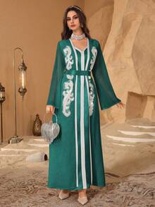Al Najma Satin Solid Color Ribbon Decor, Adorn With Luxurious 3D Floral, Waist-Cinching Elegant 2 In 1 Arabic Style Dress - Green - View 7