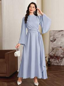 Modelyn Women Elegant Solid Color Bell Sleeve Arabic Dress, Autumn Long Evening Dresses - Blue - View 1