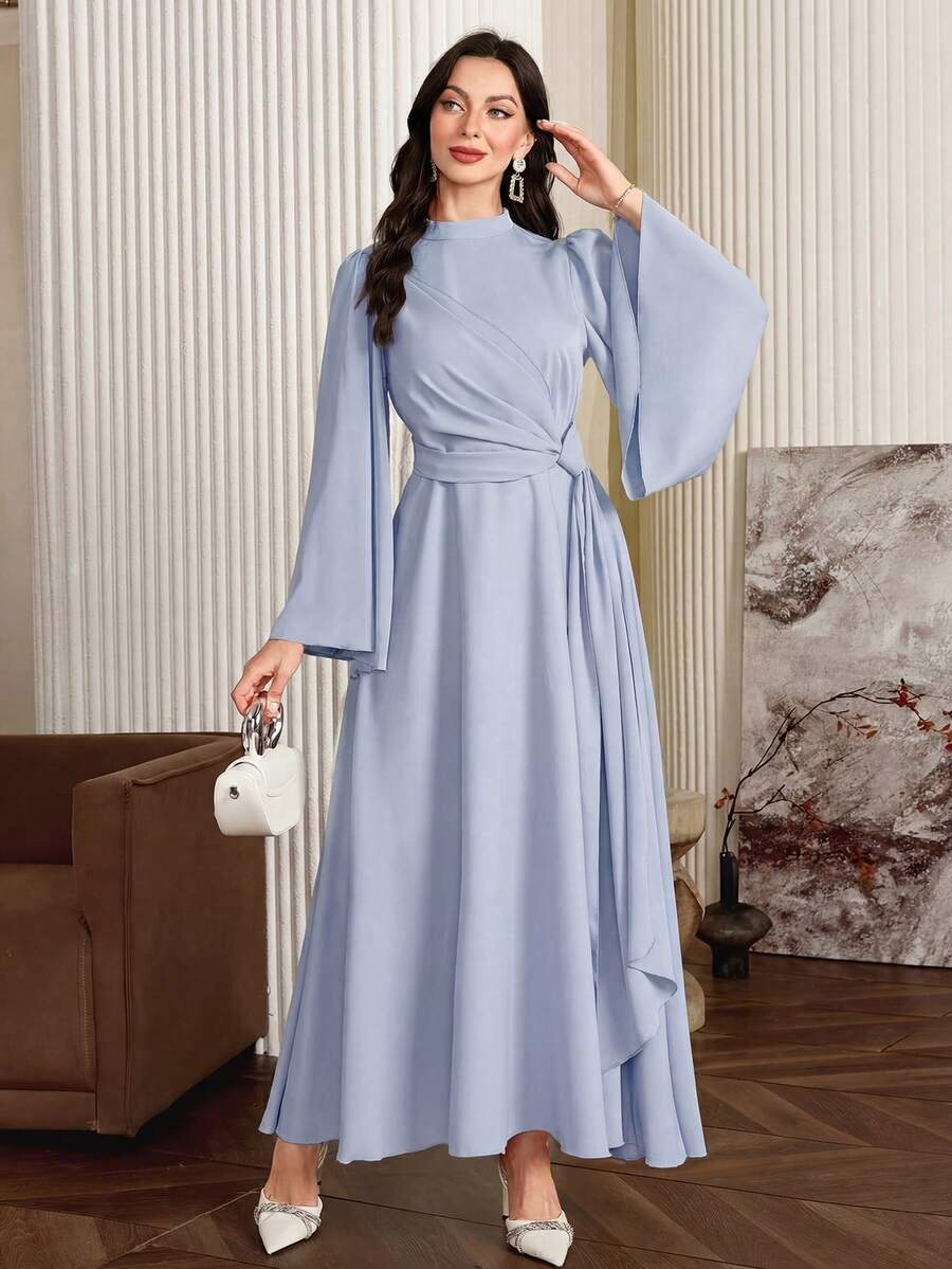 Modelyn Women Elegant Solid Color Bell Sleeve Arabic Dress, Autumn Long Evening Dresses - Blue - View 1