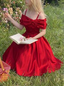 SHEIN Váy xòe trễ vai thắt nơ eo cho bé gái tuổi teen, thích hợp cho tiệc tối - Đỏ - Xem 2