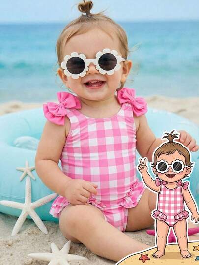 SHEIN Traje de baño de una pieza con volantes a cuadros para niña bebé