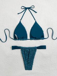 Swim Vcay Bộ bikini hai mảnh buộc cổ màu trơn gợi cảm dành cho nữ mùa hè, kèm quần lót tam giác. - Màu xanh ngọc - Xem 2