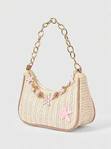 ROMWE Fairycore 1pc Summer Beach Starfish Series Shell & Seashell Woven Shoulder Hand Carry Bag, Beach Bag, Straw Handbag For Women (Charm Color & Style Randomly) , Summer - Multicolor I - View 2