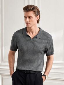 Officeau Polo de manga corta de punto acanalado de ajuste holgado y unicolor para hombre - Gris Oscuro - Ver 7