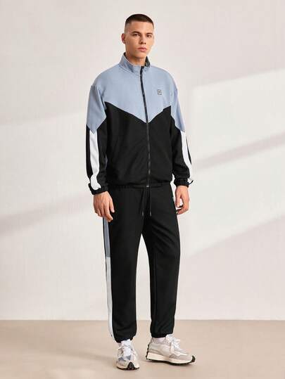 Driftmere Áo khoác nam Colorblock Letter Patched Zip Up & Quần nỉ, Bộ đồ hai mảnh thường ngày cho nam, Quần áo mùa thu