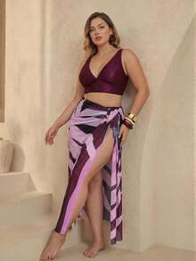 Swim Oasis Plus rozmiar Jednokolorowe bikini z biustonoszem, kąpielówkami i wiązana spódnicą na wakacje na plaży, 3 szt., letnia plaża - Fioletowy - Zobacz 3