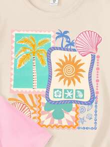 3pcs/Set Girls' Casual Creative Hawaiian Beach Shell Sunset Fish Letter Graphic Print Short T-Shirts,White/Pink/Purple,Summer Vacation Holiday Wear - Multicolor - View 5